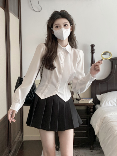 White long-sleeved shirt women's autumn college style jk uniform tie waist shirt slimming top two-piece suit