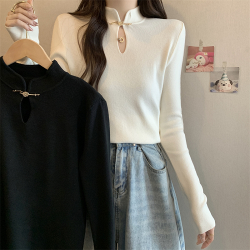 Plus size women's new Chinese style button-up tops for fat girls, western style, age reduction and slimming inner knitted bottoming shirts