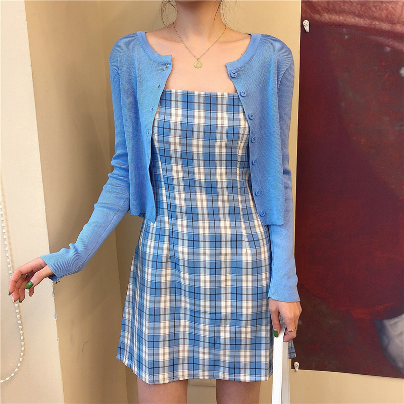 Real price ~ 2021 new Plaid suspender dress skirt + blue cardigan coat