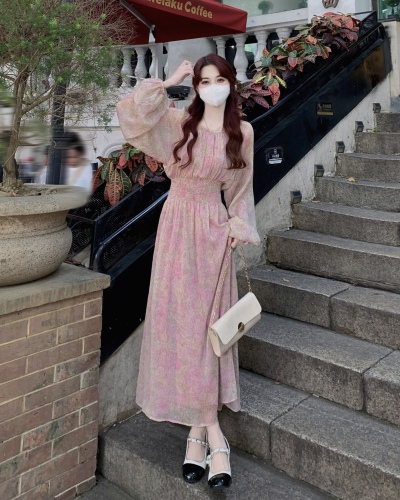 Real shot real price French style light cooked style round neck hollow waist slimming floral chiffon long platycodon dress