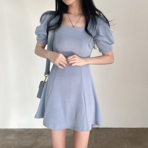Korean chic summer new retro square neck bubble sleeve dress for women's small slim casual skirt