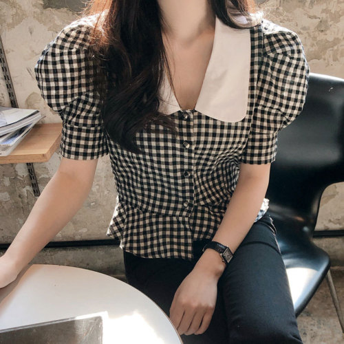 East Gate Baby collar Plaid short sleeve shirt for women 2020 summer wear new Korean version retro all over shirt top