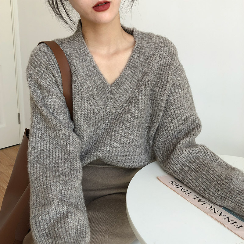 Mohair lazy style V-neck Pullover Sweater for women loose autumn and winter Korean 2021 New Vintage sweater