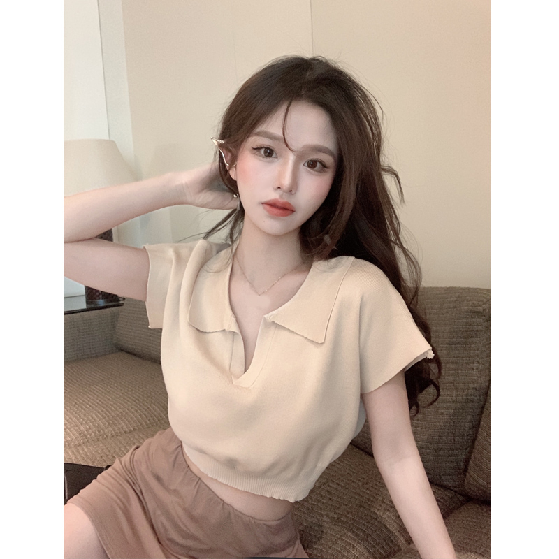 Simple slim-fit short-sleeved POLO shirt short knitwear lapel t-shirt top women's 2023 new summer Korean style trend