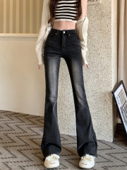 Real shot real price #微La jeans women's elastic high waist washed raw edge long pants