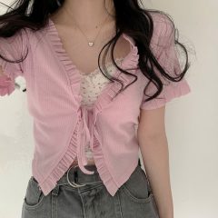 ~Little public act! Korean chic sweet agaric edge small cardigan T-shirt