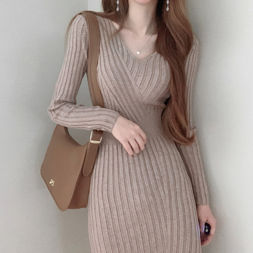 Korean ins Vintage knitted dress slim long sleeve Hip Wrap Skirt
