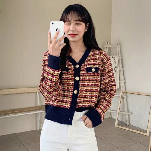 Korean official website dongdamen small fragrant style knitted cardigan autumn and winter 2020 foreign style coarse flower short sweater multi color