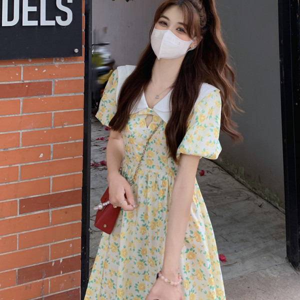 Fat mm floral dress women's summer new doll collar small fresh waist slim yellow white slim dress