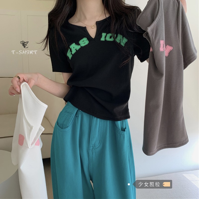 Summer alphabet print short T-shirt women's summer 2022 new loose one shoulder black short sleeved top