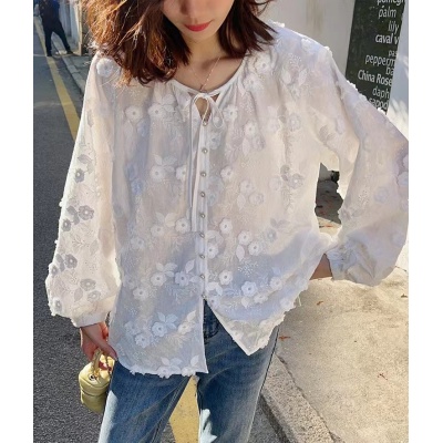 Spring New Premium Cotton Gentle Shirt 3D Flower Embroidery Top Sun Protection