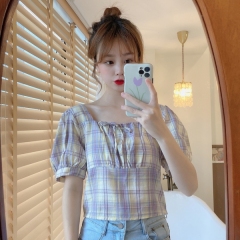 Real auction real price cotton careful machine lace Plaid square collar slim Short Sleeve Shirt Top