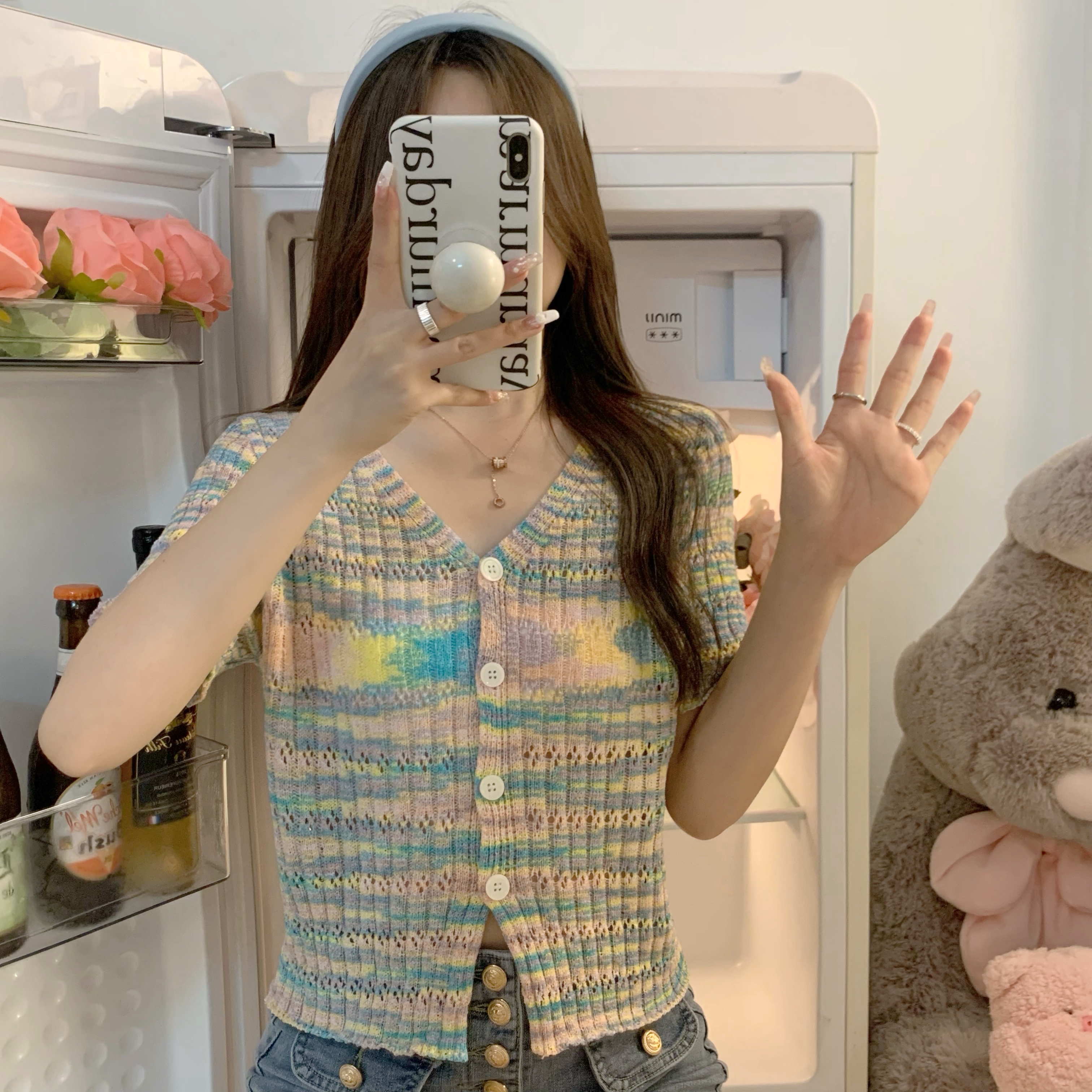 Real price Rainbow Stripe knitted cardigan short sleeve short T-shirt women ins summer Knitted Top Women
