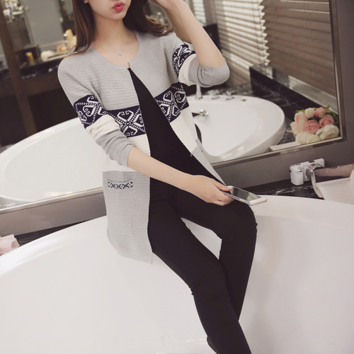 Autumn new Korean medium and long cardigan knitwear women's pocket retro national style long sleeve jacket sweater