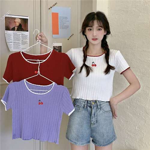 New knitwear short sleeve slim summer thin top short elegant cherry embroidered cute T-shirt