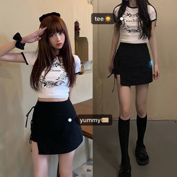 Two piece set of Korean Guima girl's contrast hemmed print thread short T-shirt anti gloss bandage pants skirt