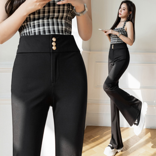 Real shooting micro flared pants women's 2022 spring new button high waist, slim and drooping, floor dragging and versatile casual pants