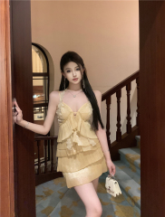 Photographed~ Heavy Work Yellow Pleated Lace Sexy V-Neck Strapless Dress for Women Summer Cake Short Skirt