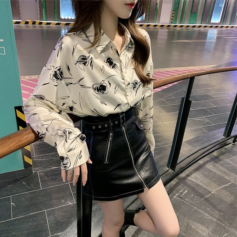 Net red printing shirt women's spring and autumn women's clothing design niche French top loose foreign style long sleeve shirt