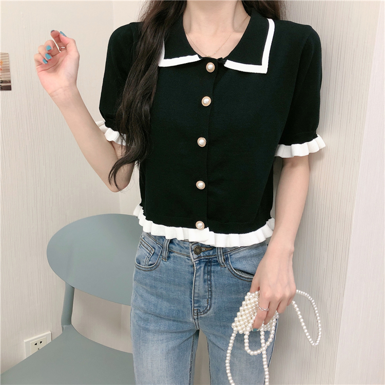 Spring and summer new retro French age reduction color contrast care machine slim slim short sleeve T-shirt women's wear