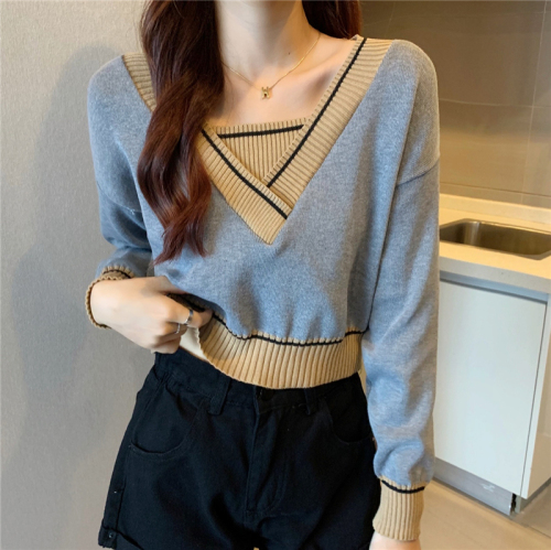 Real price retro foreign style loose V-Neck Sweater women's contrast short sweater fake two-piece top