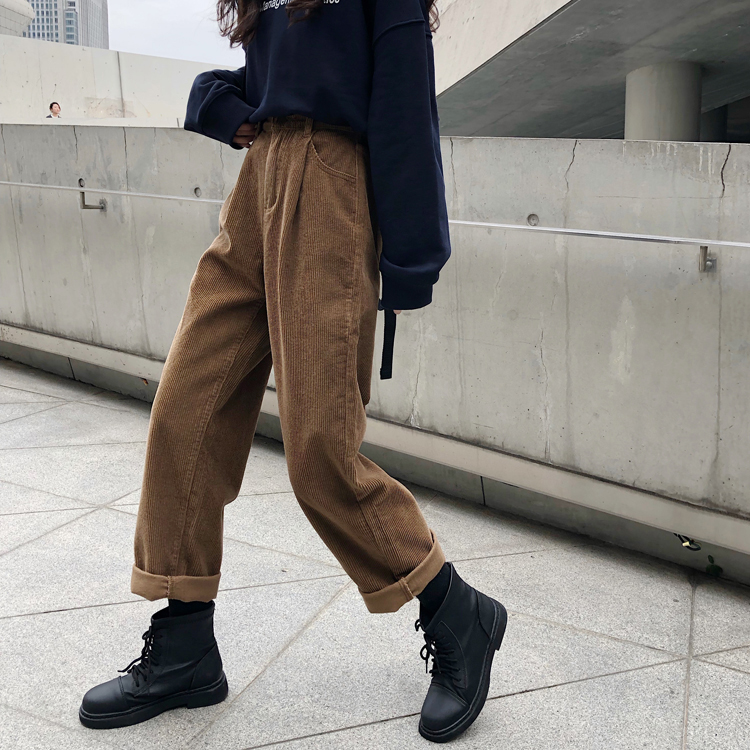 Corduroy wide leg pants women's spring and autumn pants casual overalls, loose high waist straight tube, thin and versatile