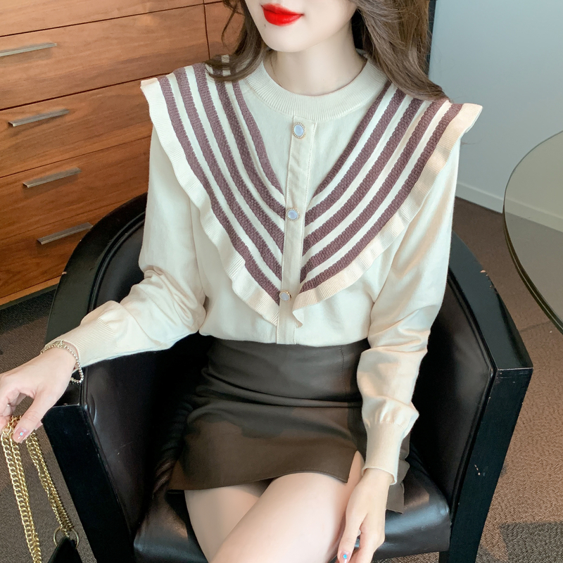 Real shot!  2022 new bottoming lace round doll collar color matching gas slim bottoming shirt top women