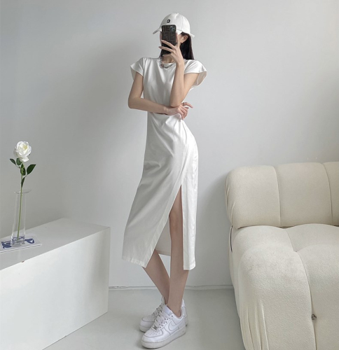 White dress female minority split skirt summer mid length Hip Wrap Skirt temperament casual T-shirt skirt