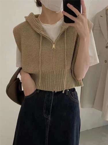 Korean chic niche hooded short drawstring no thong double zipper loose knitted vest vest women's jacket