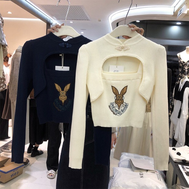 Knitwear two piece set women's 2021 early autumn new Korean cartoon rabbit embroidery suspender hollow out long sleeve top fashion