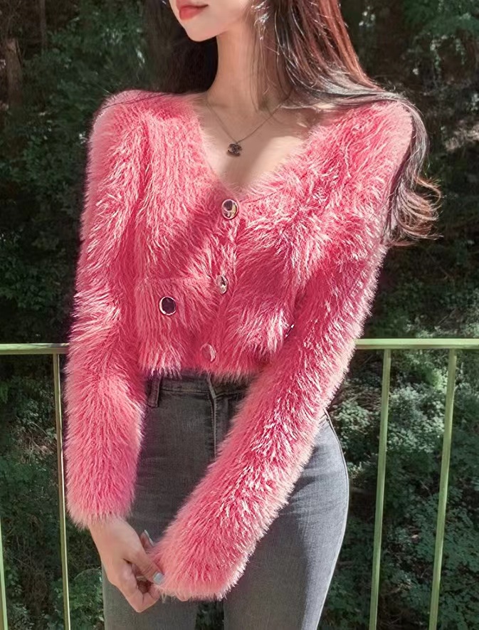 South Korea Dongdaemun autumn and winter new sweet plush knitted cardigan thick sweater jacket