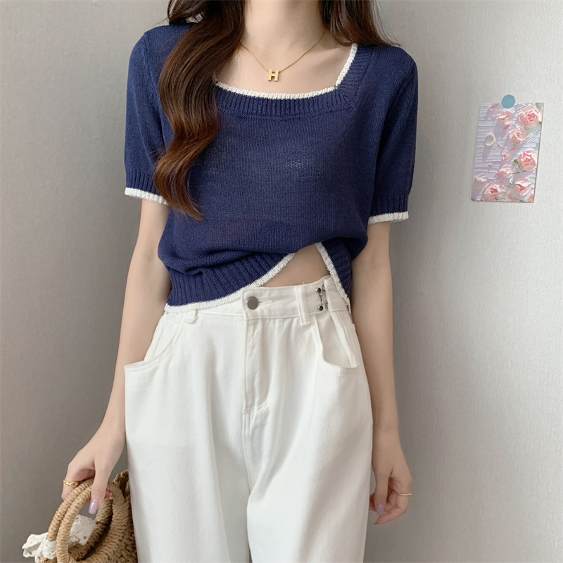 Real shooting and real price summer Korean version French square neck thin color contrast design sense knitted short sleeve women's T-Shirt Top