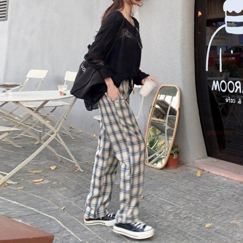 Plaid pants children's loose straight tube high waist hanging feeling 2021 new spring and autumn thin summer leisure Plaid wide leg pants