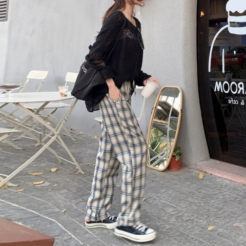 Plaid pants children's loose straight tube high waist hanging feeling  new spring and autumn thin summer leisure Plaid wide leg pants