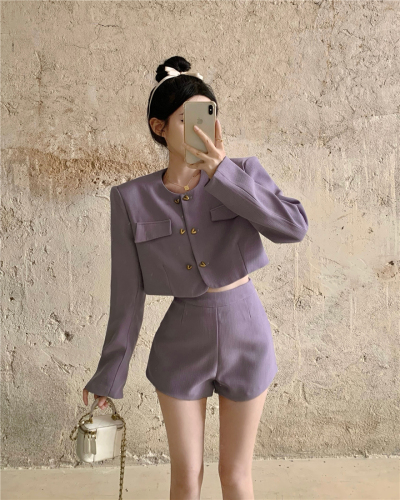 Real price real price temperament simple double-breasted loose short jacket + shorts suit