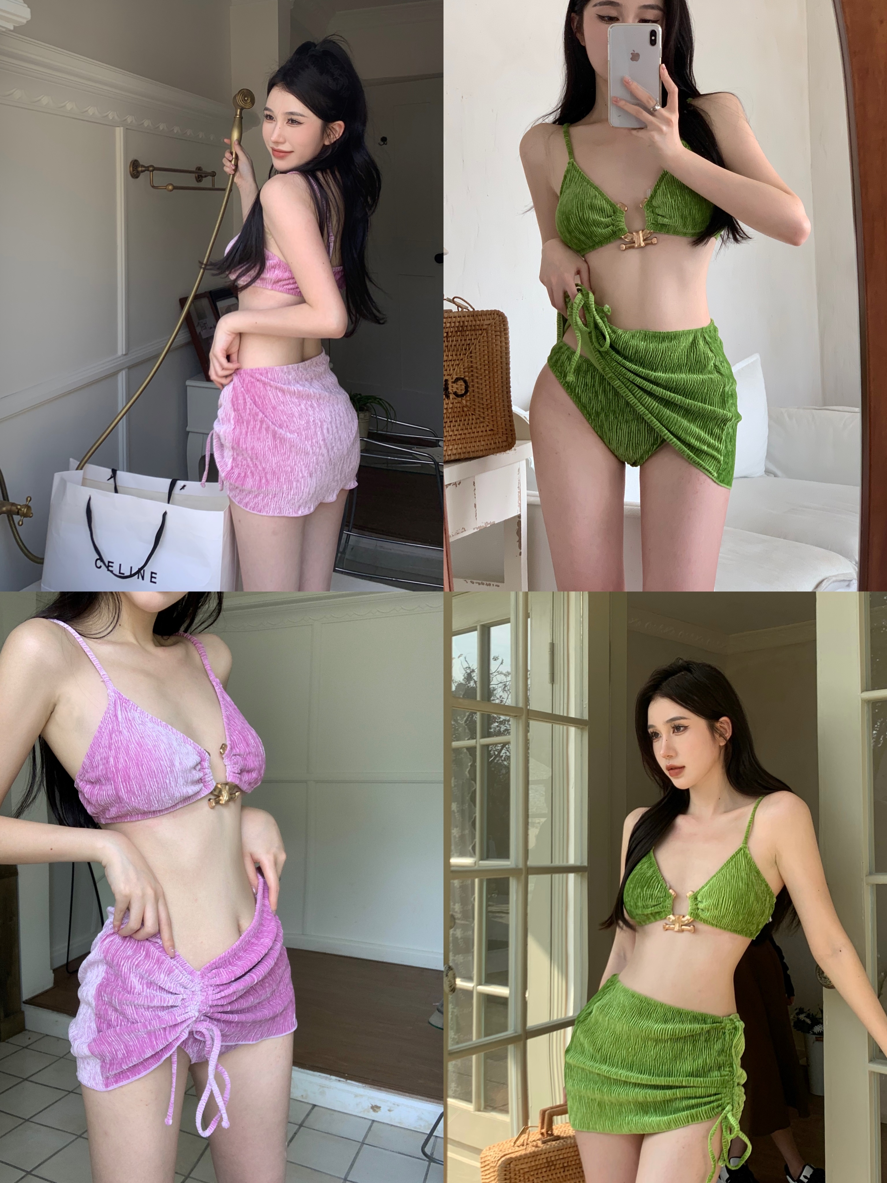 Real Price European and American Style Sexy Spicy Girl Metal Buckle Suspender Vest Beach Holiday Style Three Piece Set