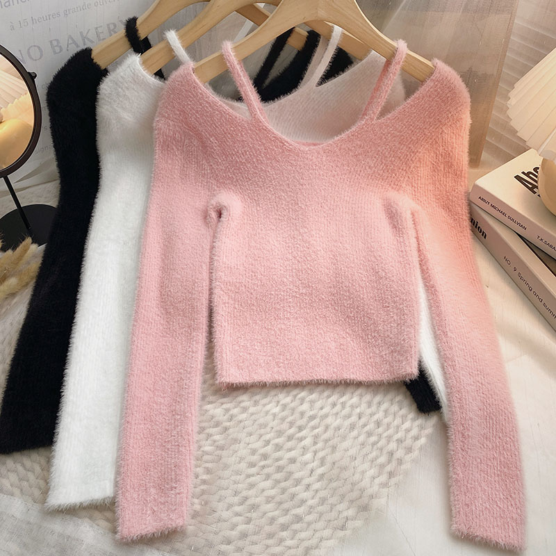 Mink fleece sweater women's spring and autumn thickened short off-the-shoulder knitted sweater with foreign style slim fit and warm bottoming top