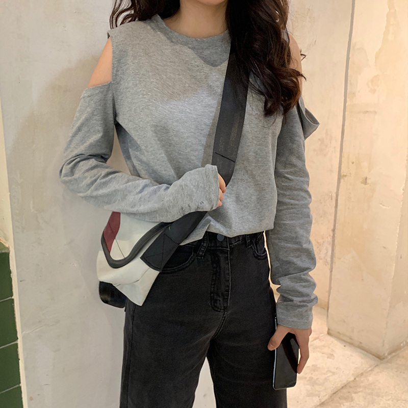 Ins super hot off-the-shoulder long-sleeved T-shirt women's spring, autumn and winter inner bottoming shirt Korean version of the tide students wear loose