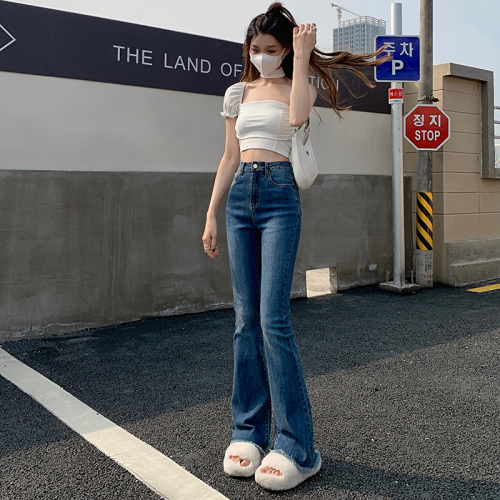 Real shooting of high waist micro flare jeans women's summer thin New Retro Blue SLIM STRAIGHT flare pants long pants