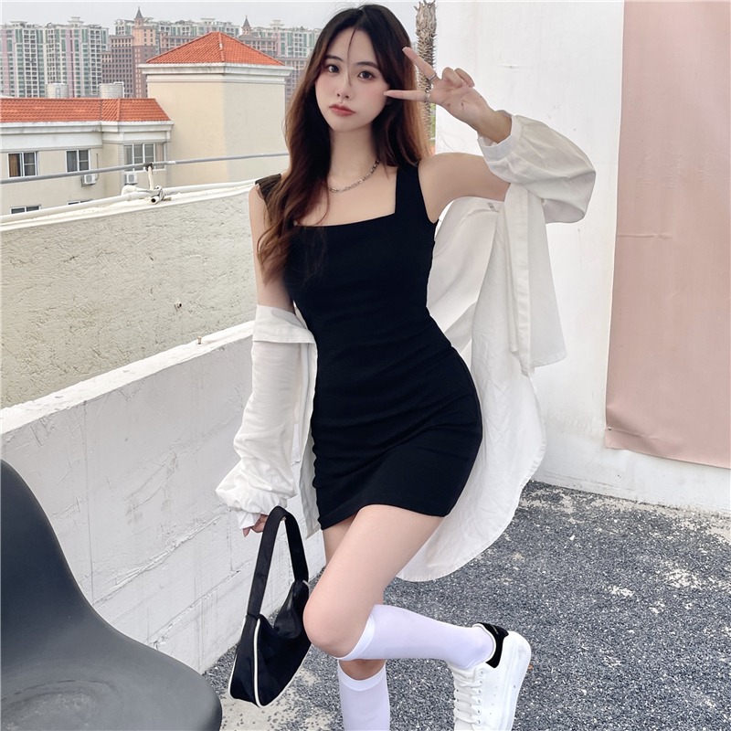 Real price 100% fiber summer dress square neck dress women's slim suspender small black skirt