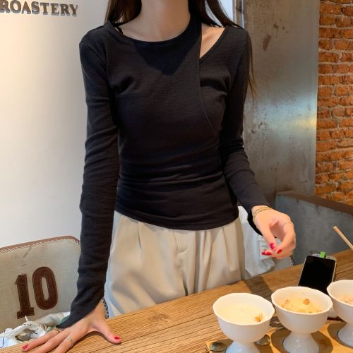 Wang Jianjian Korean small design off shoulder long sleeve T-shirt
