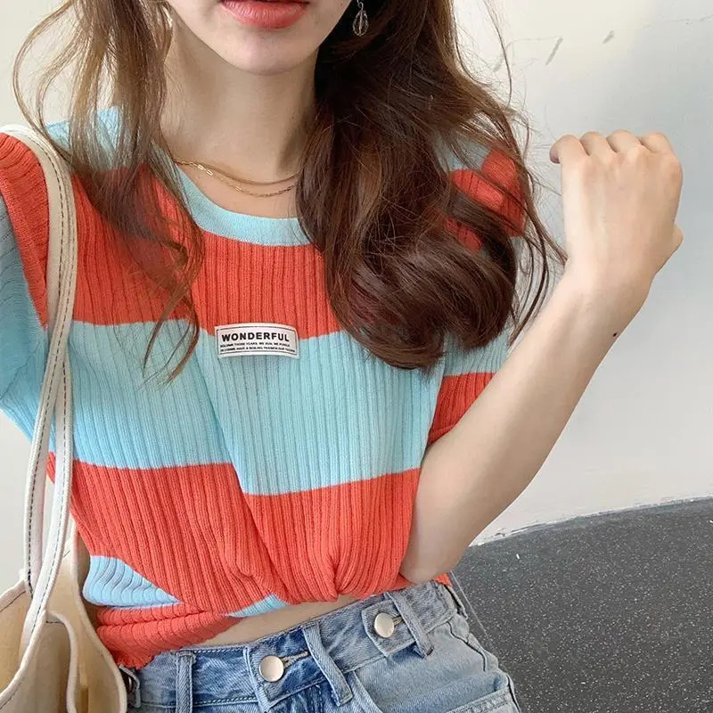 2022 summer stripe knitted T-shirt women's short sleeve ice silk design sense of minority short style high waist thin top