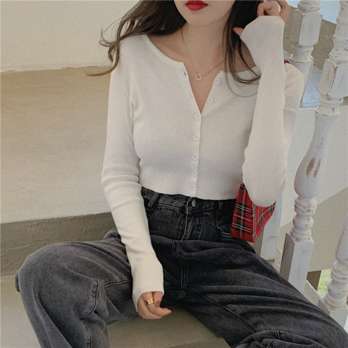 High waist single breasted long sleeve top women's new spring 2020 knitted cardigan slim and short