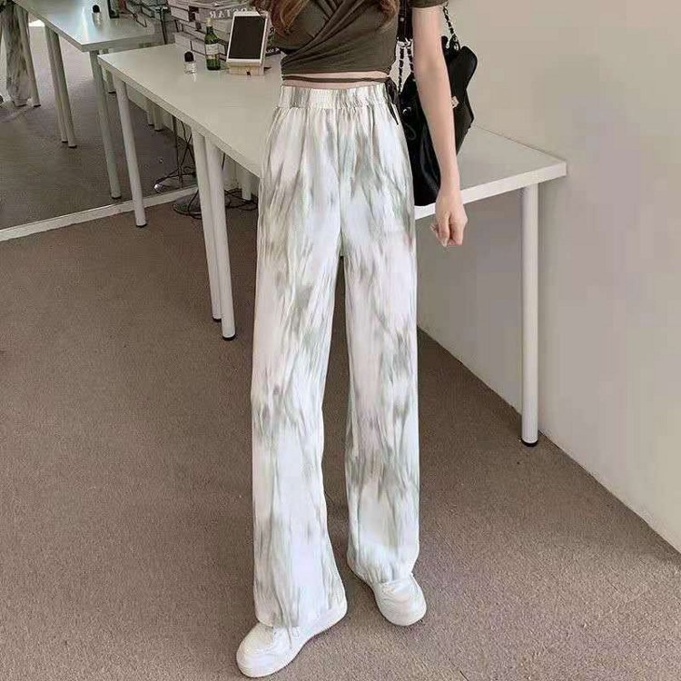 Official tie dyed ice silk wide leg pants for women in summer thin style small man high waist hanging feeling thin straight casual pants