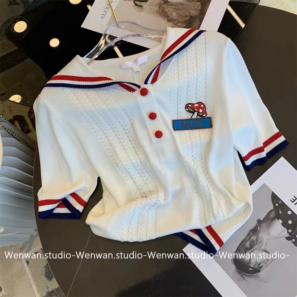 College polo collar short sleeve T-shirt ice silk T-shirt women's 2022 summer new color block age reduction sweet top
