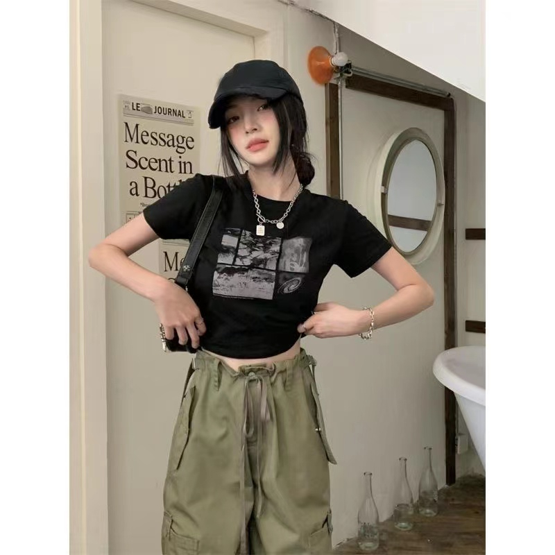 Back wrap collar 100% cotton good quality American retro short-sleeved T-shirt women's high waist short cropped round neck slim top