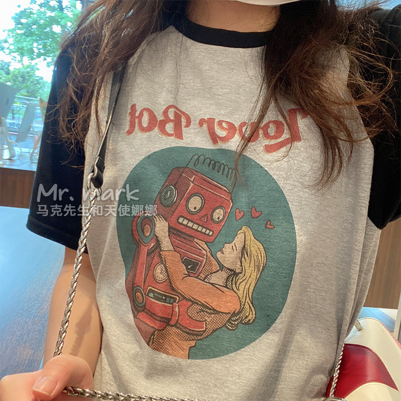 2023 new cotton back wrap collar American retro short-sleeved t-shirt women's summer design sense niche ins trendy brand