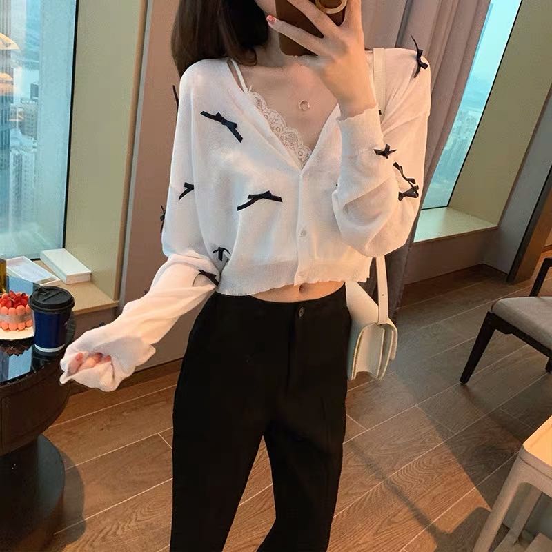 Gghouse Guoguo customized short small knitted cardigan, long sleeve, thin in summer, sun proof coat, female
