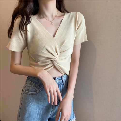 Real shot and real price 2020 new open navel short cross knot Short Sleeve T-Shirt Top woman