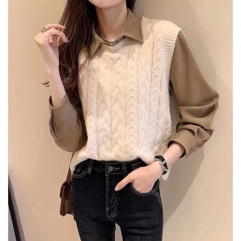 Relaxed western style, age reducing, sleeveless collar, Korean jacket, versatile knitted vest for women
